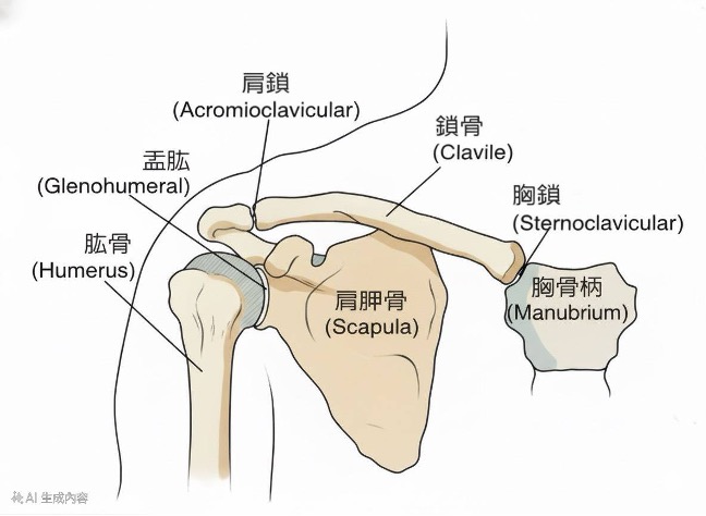  肩胛骨在上背部的位置示意圖，說明肩胛骨與周圍骨骼結構