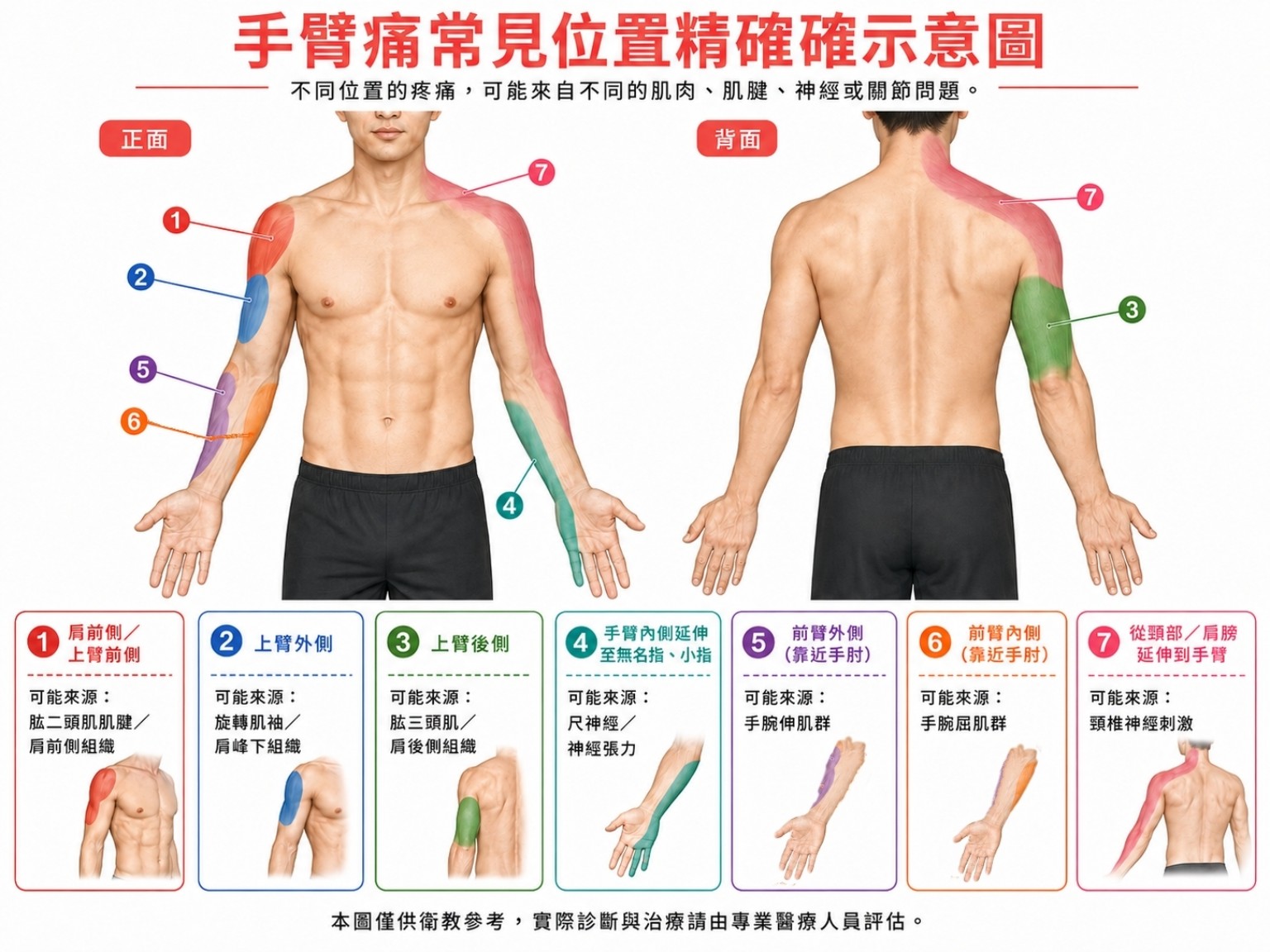 唯心運動醫療體系圖解：手臂痛常見位置精確示意圖