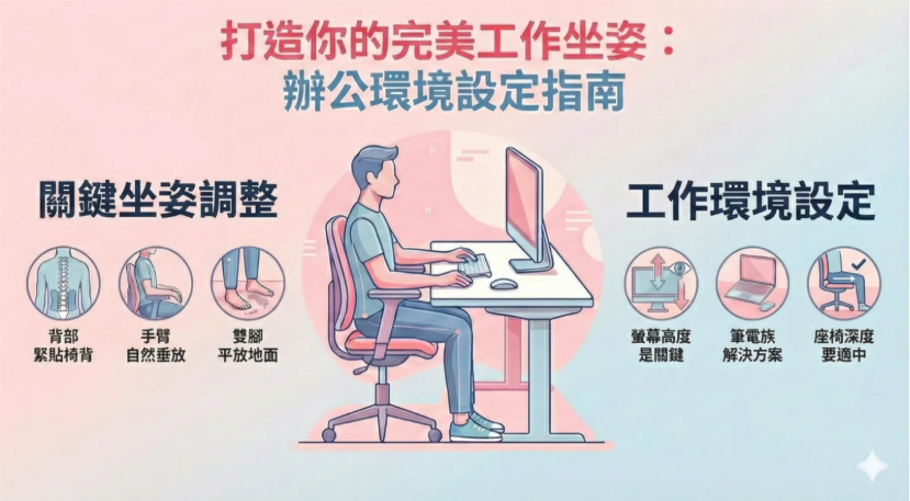 辦公室族群適用的正確坐姿與螢幕高度調整