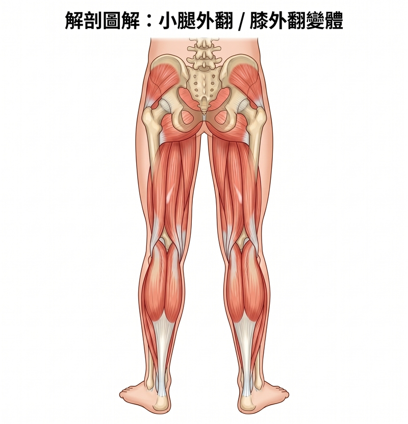 唯心運動醫療體系圖解:小腿外翻(膝外翻變體)解剖肌肉骨骼示意圖