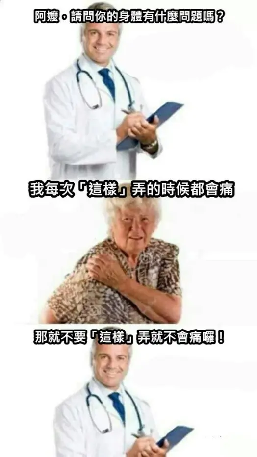 網路迷因梗圖指出「一動就痛」的無奈與常態，描述動作品質與疼痛的因果關係